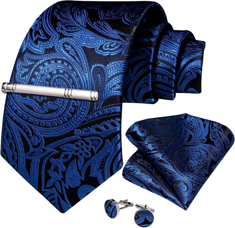 DiBanGu Paisley Ties for Men Silk Necktie and Pocket Square Cufflinks Tie Clip Set Woven Classic Mens Tie for Wedding Party - Image 3